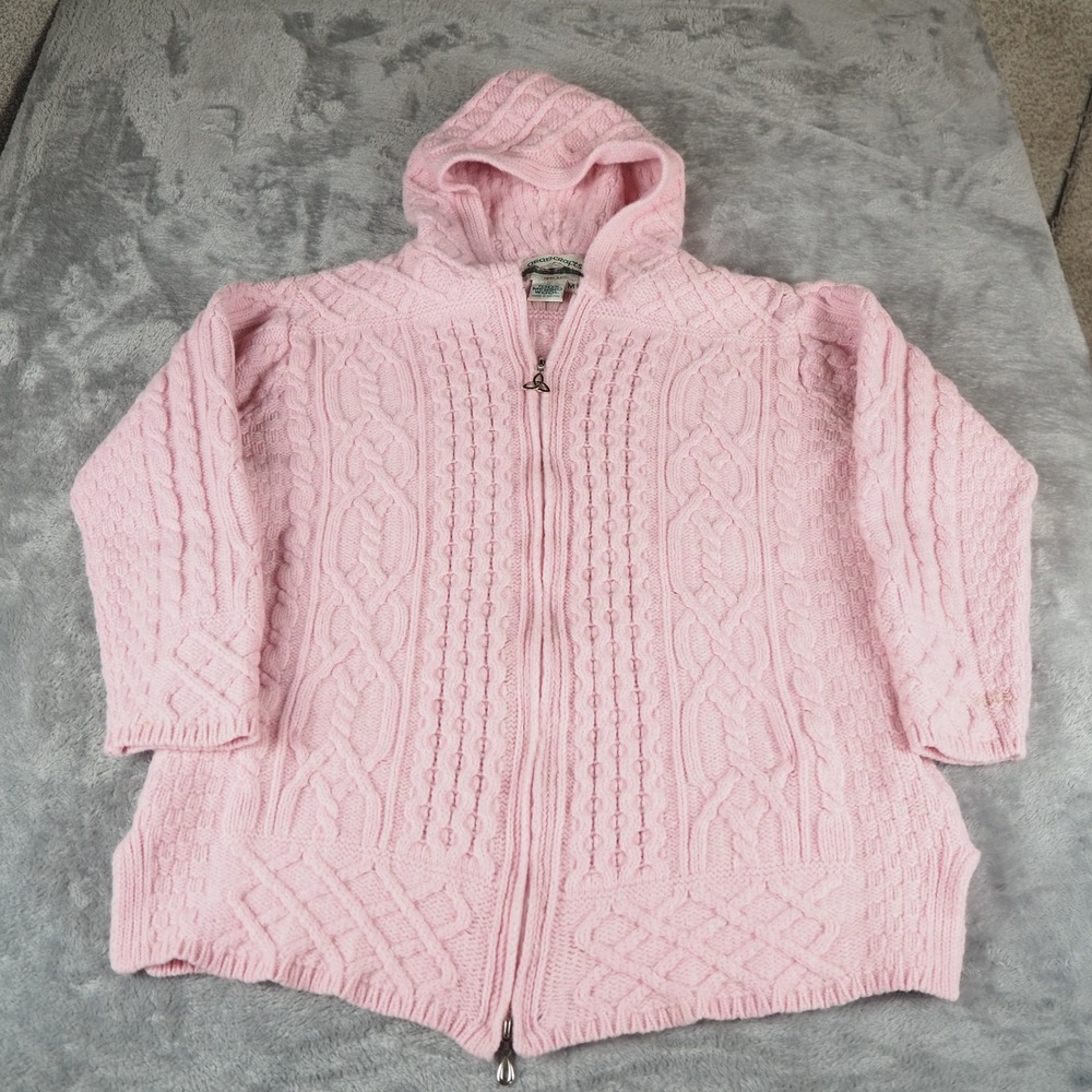 Aran Crafts Ireland 100% Merino Wool Full Zip Hooded Cardigan Sweater Sz. M Pink